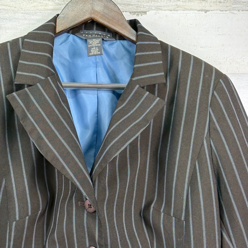 VAN HEUSEN Womens Pinstripe Blazer Jacket Brown Light Blue Stretch Career Size L